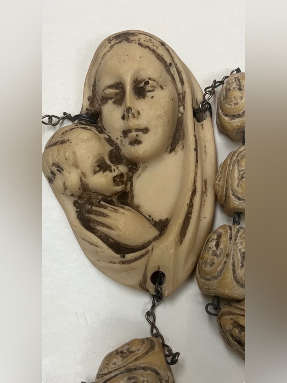 Vintage 65” Giant Wall Rosary Heavy Alabaster Resin Madonna & Child Centerpiece